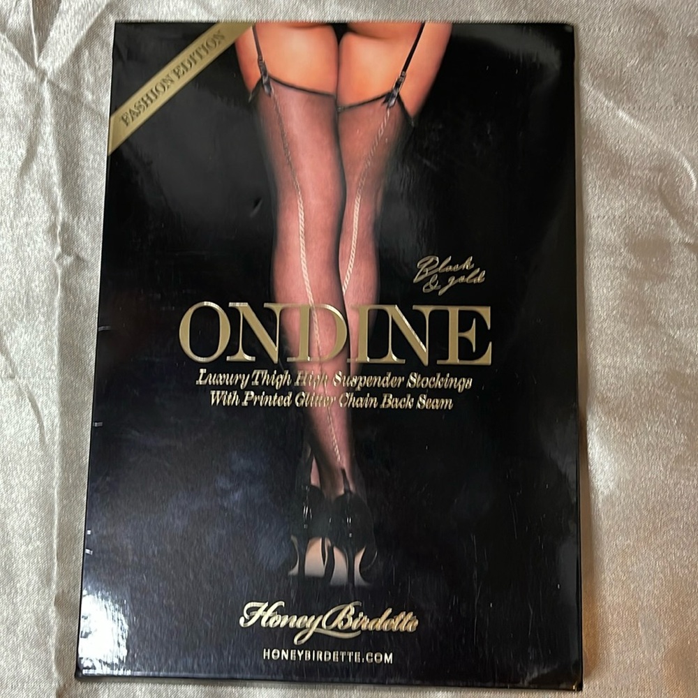 Honey Birdette Black & Gold Ondine Thigh High Suspender Stockings